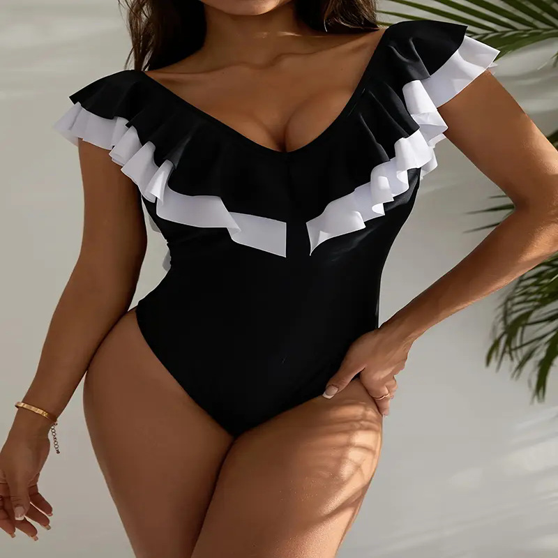 Women Color Block Ruffle One Piece Swimsuit - V Neck Backless Bathing Suit